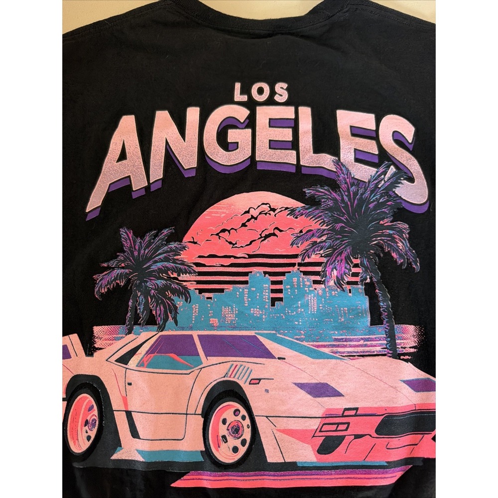 Bowery Supply Co Men's Large Black T-Shirt Los Angeles Sunset Synthwave Car